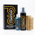 CupidCare Shoe Cleaning Kit with a black and yellow branded box, a blue liquid bottle, a black spray bottle, and a wooden cleaning brush on a white background.